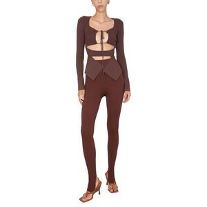 ANDREADAMO Ribbed Knit Cut-Out Top with Stirrup Leggings Set Women BROWN